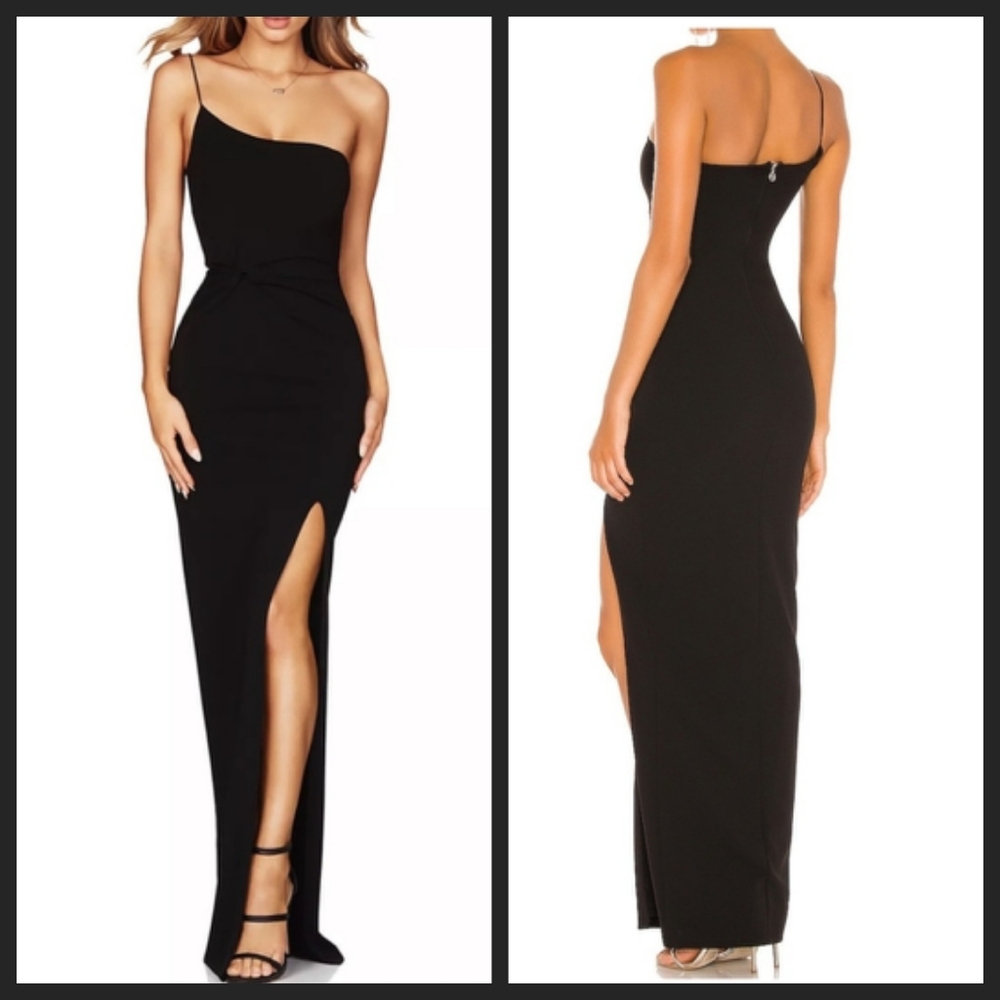 Nwt Nookie Lust Black One Shoulder Cinch Waist High Slit Gown